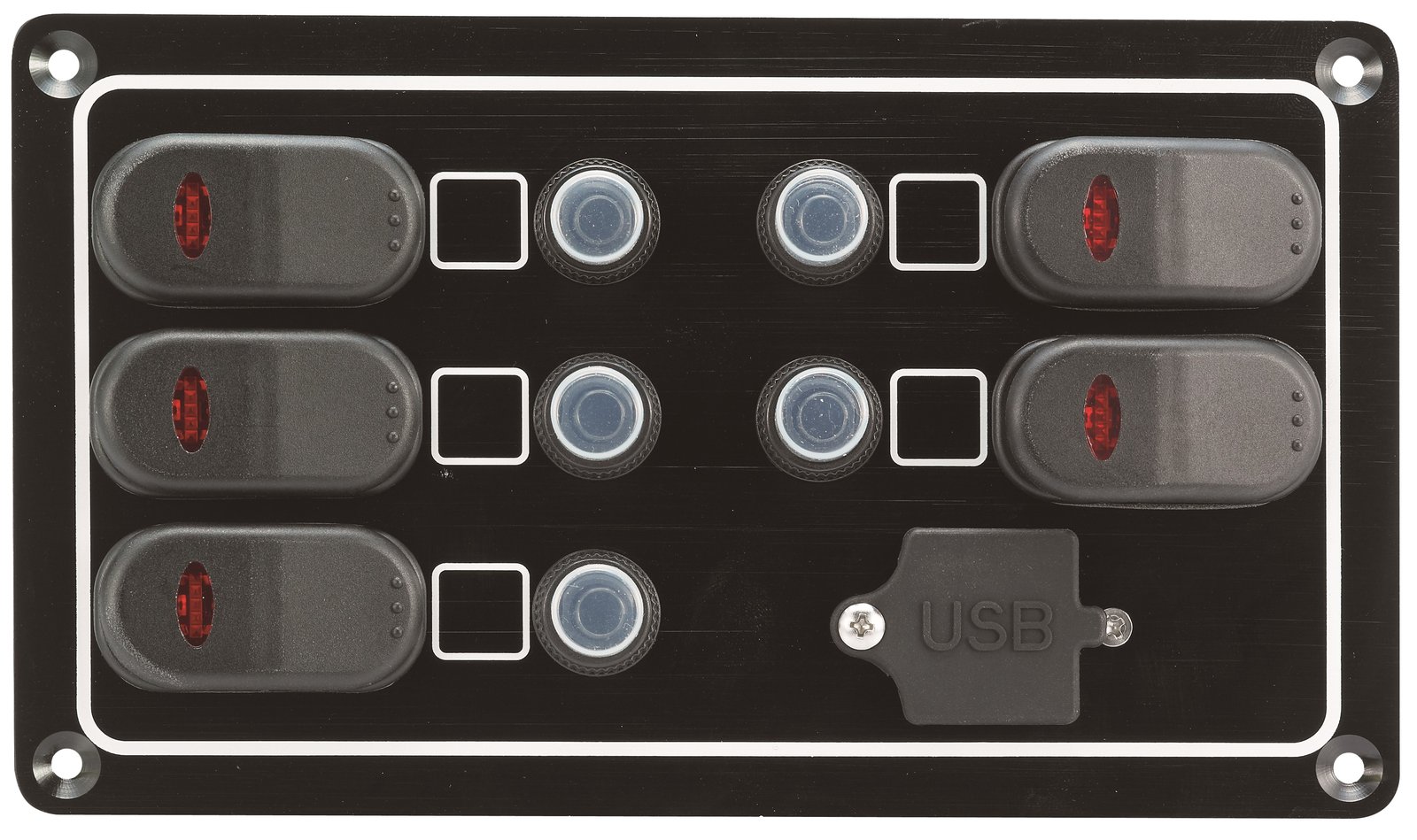 12 V-os kapcsolótábla 5 kapcsolóval és USB aljzattal – 5 kapcsoló / USB / 115 × 199 mm